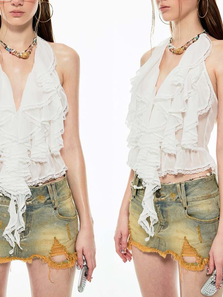 Halter Neck Ruffle Lace Backless Tops【s0000009159】