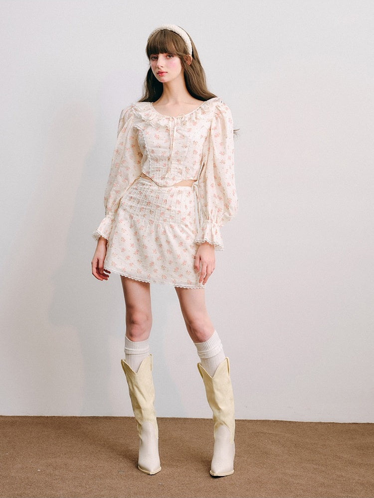 Floral Frill Collar Cropped Shirt ＆ A-Line Mini Skirt【s0000003850】