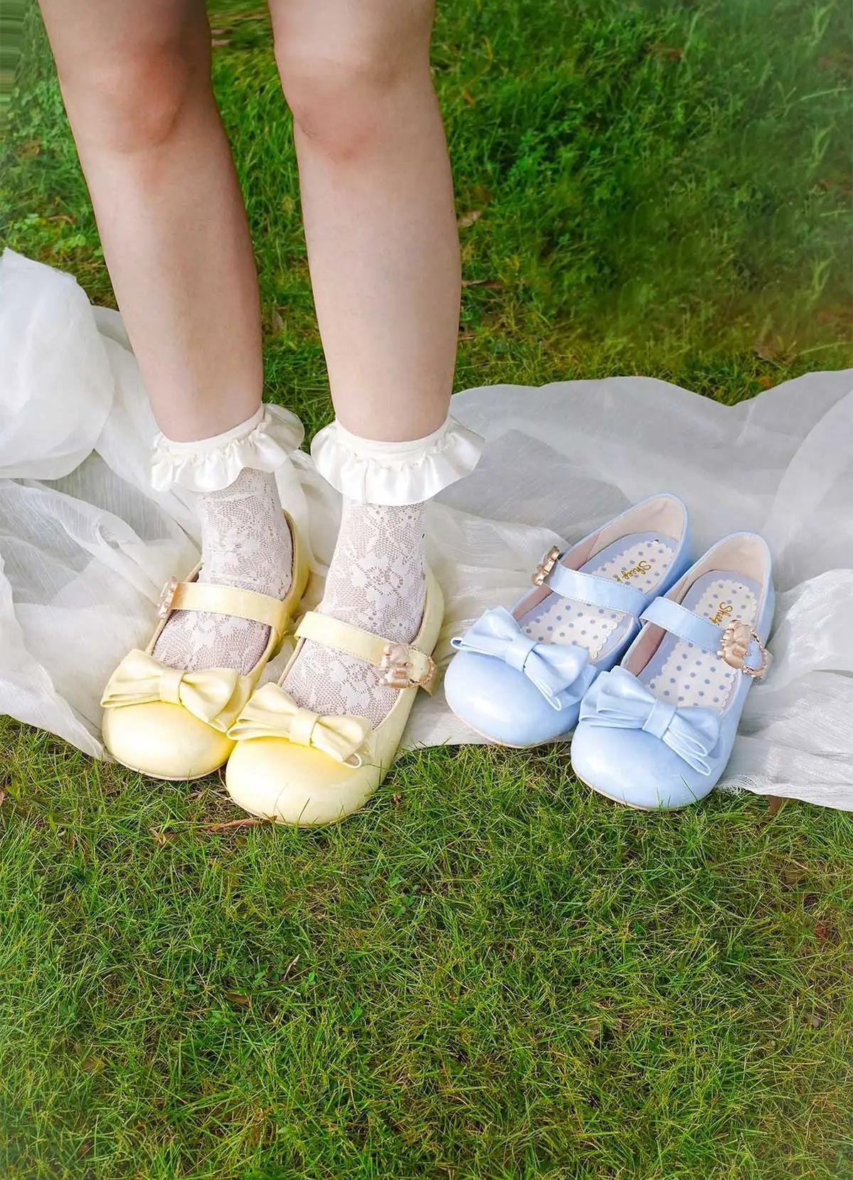 Sheep Puff - Hug Bear - Sweet Lolita Heel Shoes Bear Metal Buckle Bow Shoes