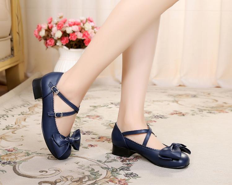 Sosic - Bow and Low Heel Cross Band Lolita Leather Shoes