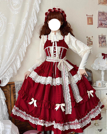 Qianmu - Lilianne - Elegant Lolita Ruffled Hem JSK Dress Multicolors