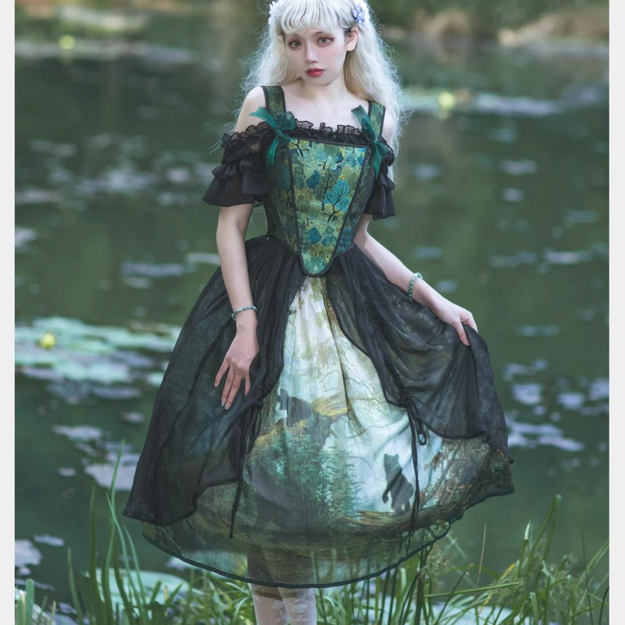 Cyan - Morning of Pine Forest - Elegant Lolita Bear Print Skirt