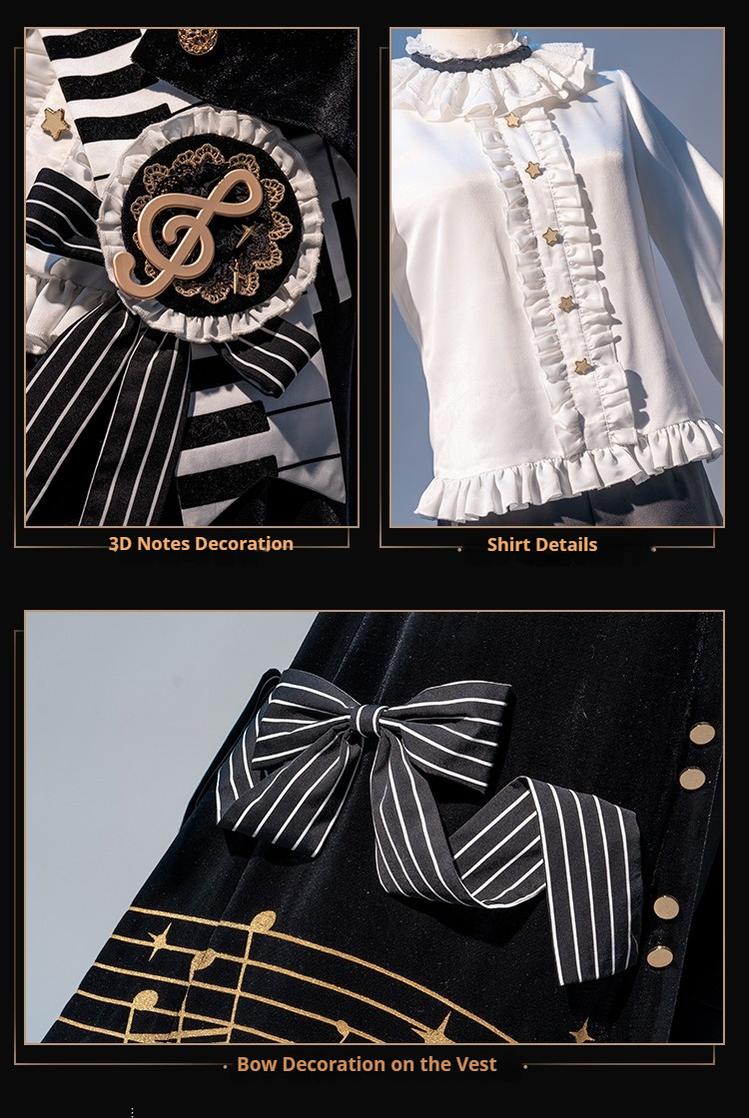 Forest Fluorescent Carps - Black and White Sonata - Ouji Lolita Vest Suit and Vintage Lolita OP Dress