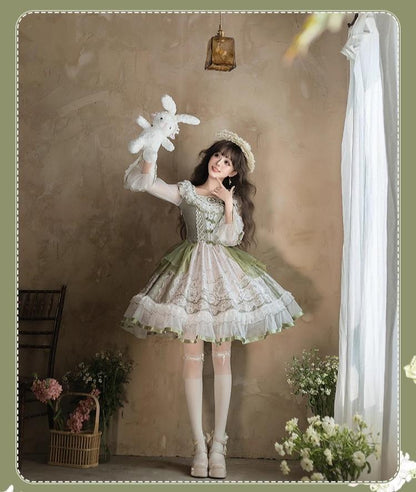 YingLuoFu - Teacup Bunny - Classic Lolita OP Dress, Fresh Green Floral Print