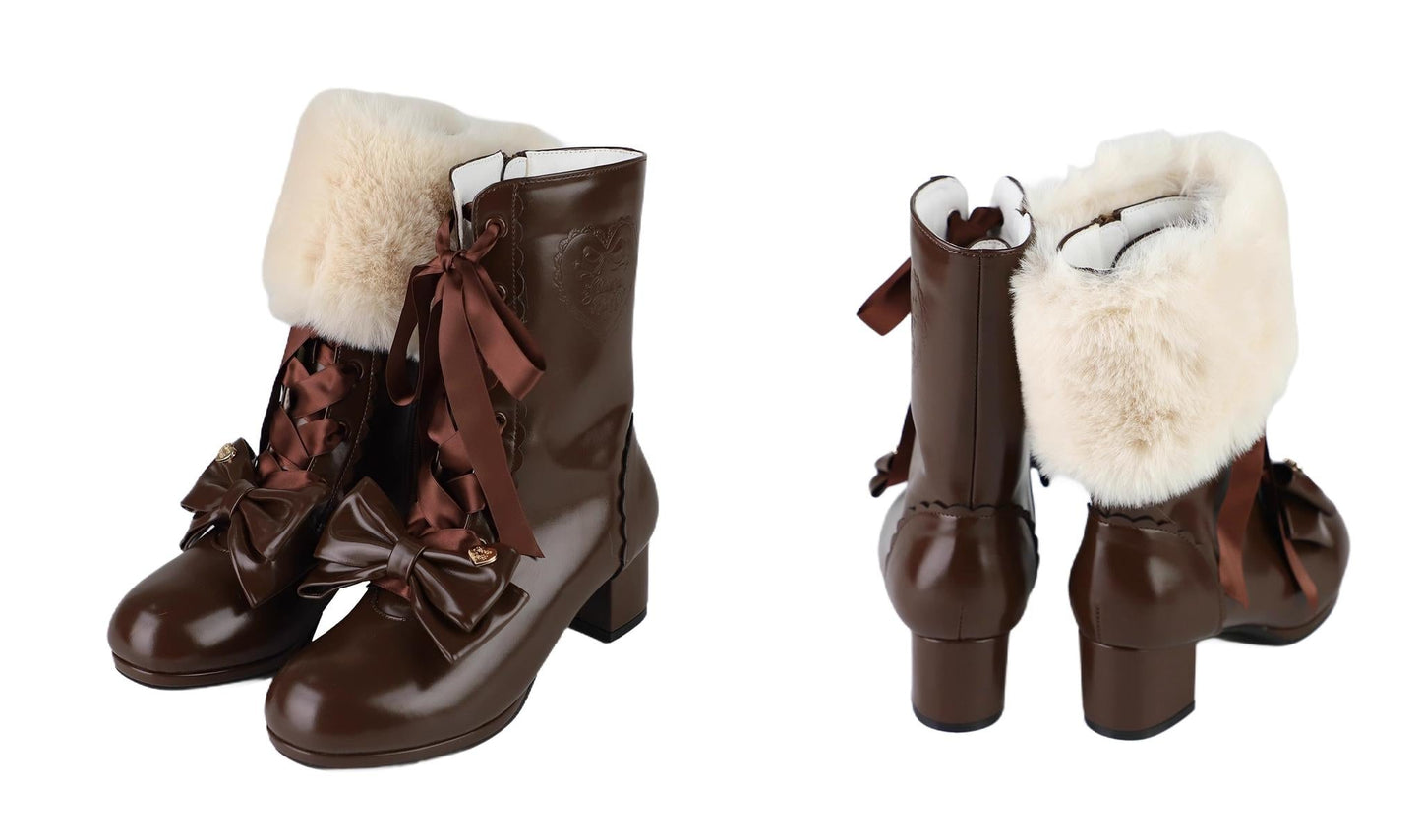 Sheep Puff - Snowy Mochi - Kawaii Lolita Winter Boots, Detachable Fur Trim