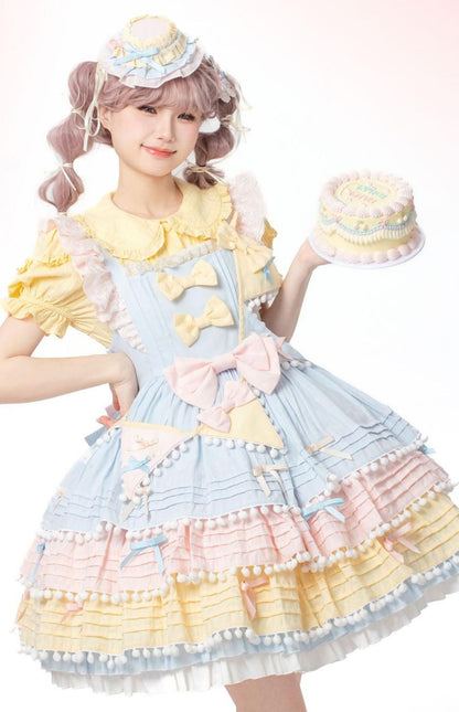 Chubby Cat Diary - Sweetheart Macarons - Sweet Lolita JSK Dress, Pom-pom Accents