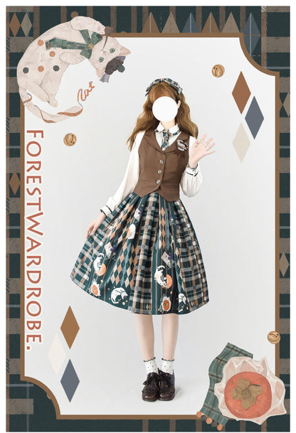 Forest Wardrobe - Persimmon Orange Cat - Vintage Brown Lolita Vest With Lapel Collar