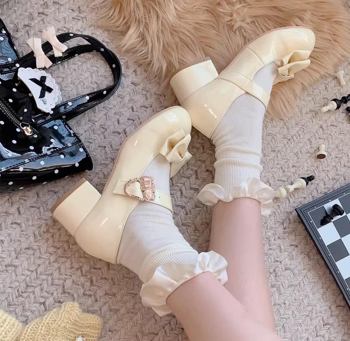 Sheep Puff - Hug Bear - Sweet Lolita Heel Shoes Bear Metal Buckle Bow Shoes