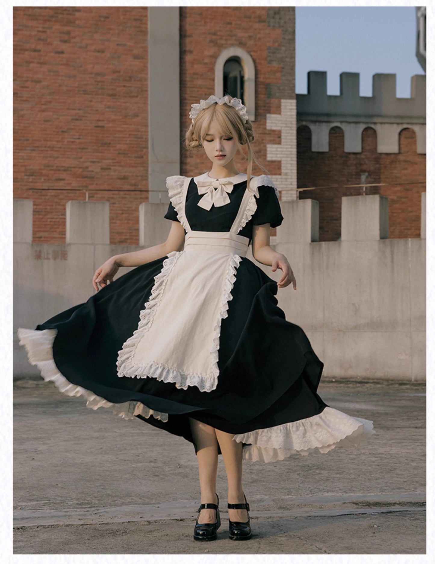 With PUJI - Kiss Kiss - Vintage Lolita OP Dress Maid Lolita Apron Dress