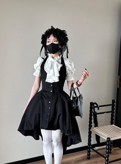 FlowerFairyDaily - Trace Night - Gothic Lolita Short-sleeved Shirt with Adjustable Waist