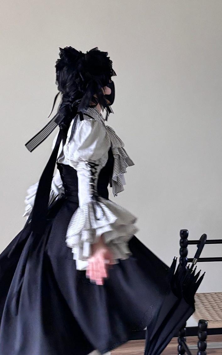 FlowerFairyDaily - Gothic Lolita Striped Shirt With Alternative NeckTie/Jabot