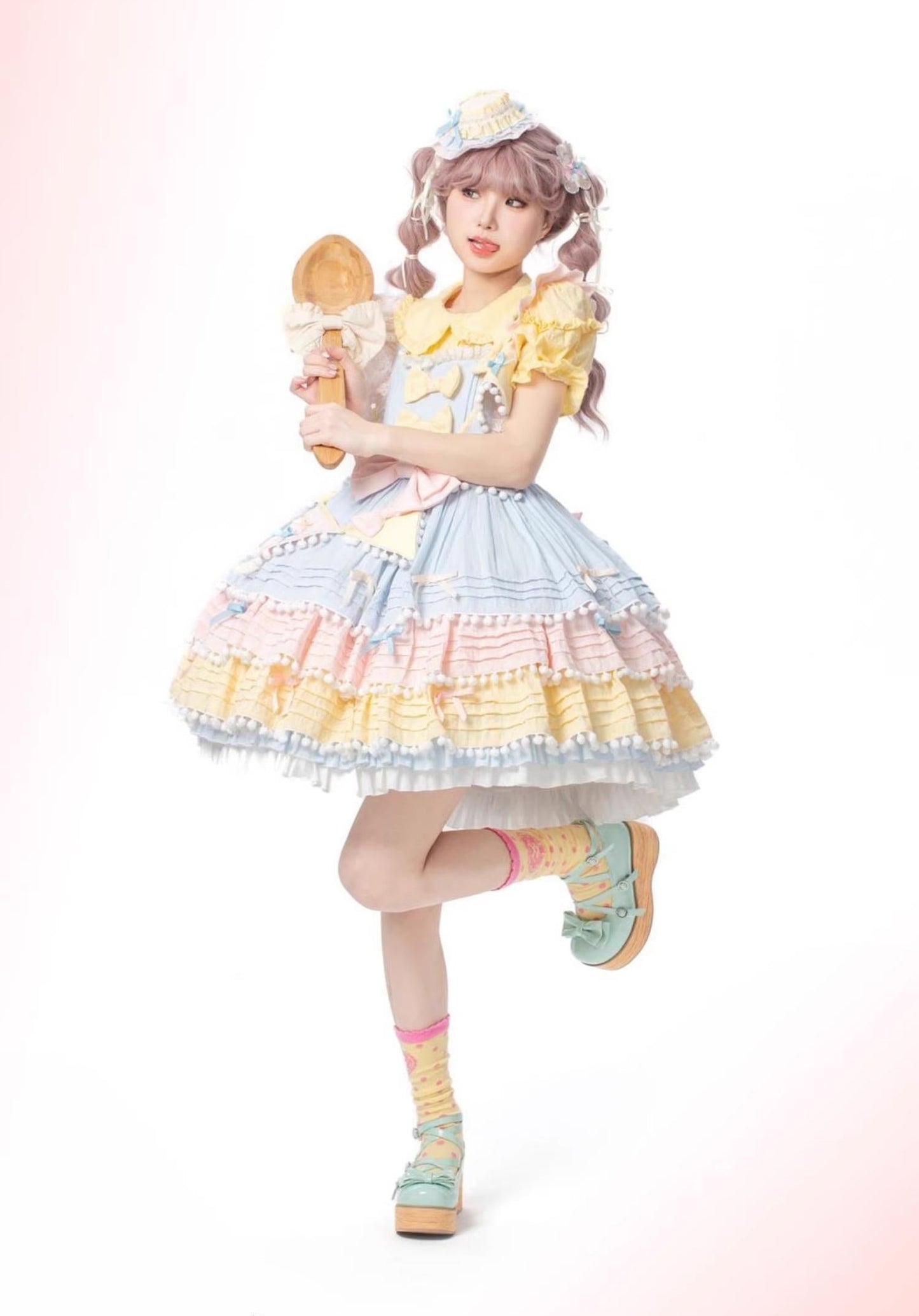 Chubby Cat Diary - Sweetheart Macarons - Sweet Lolita JSK Dress, Pom-pom Accents