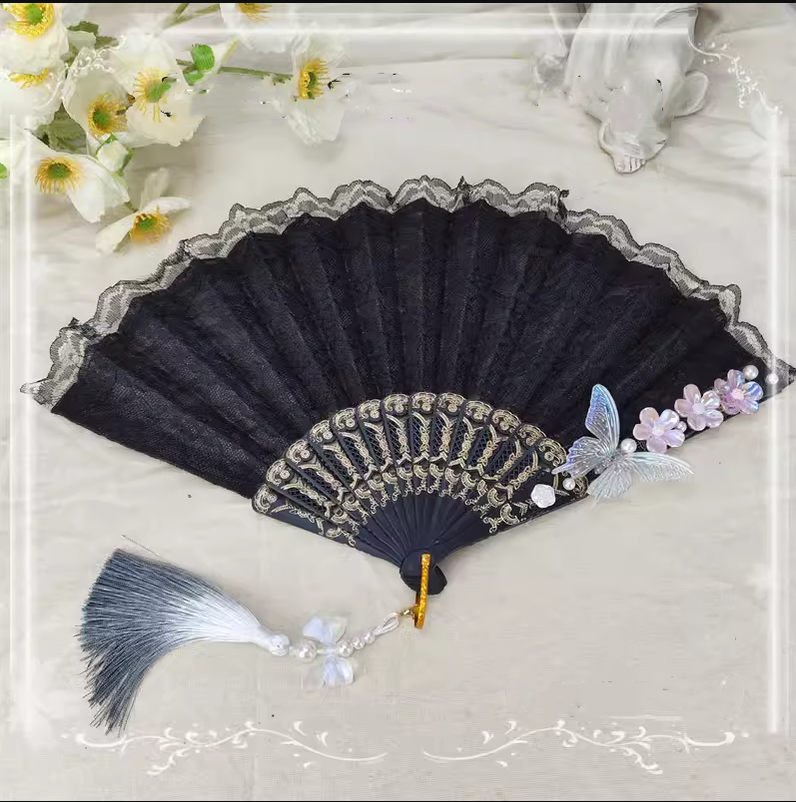 Cocoa Jam - Han Lolita Fan Decorative Folding Fan with Butterfly and Flowers Tassel