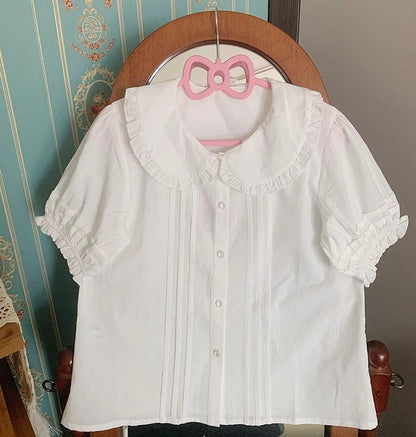 Chubby Cat Diary - Plus Size Cotton Lolita White Blouse, Short Sleeve