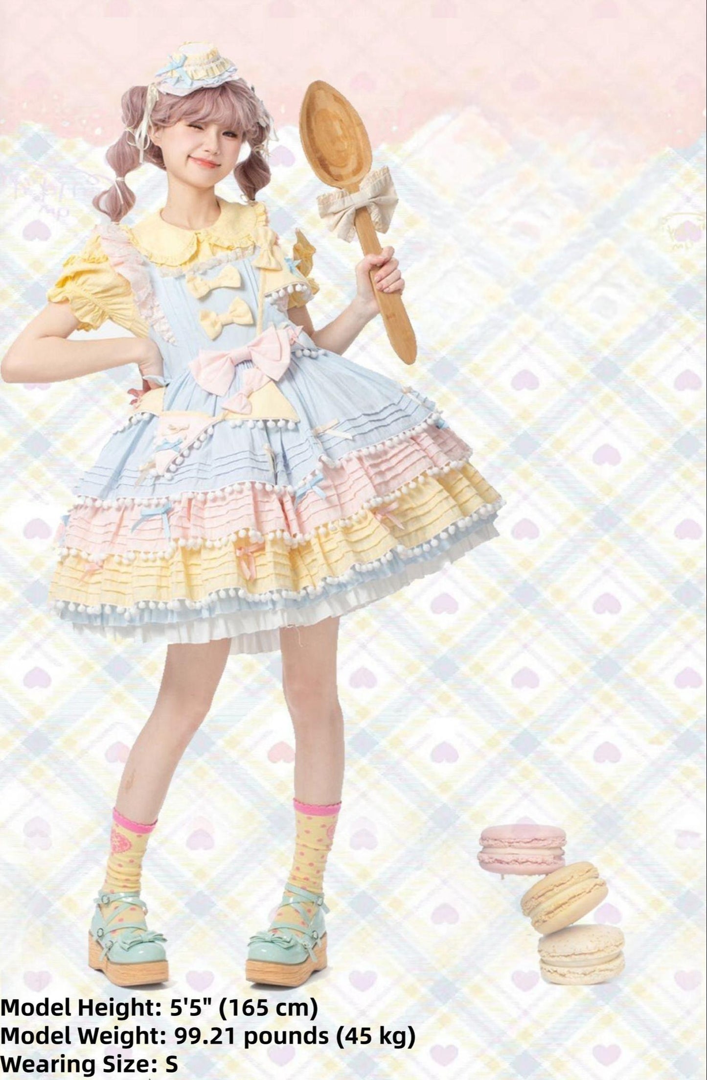 Chubby Cat Diary - Sweetheart Macarons - Sweet Lolita JSK Dress, Pom-pom Accents