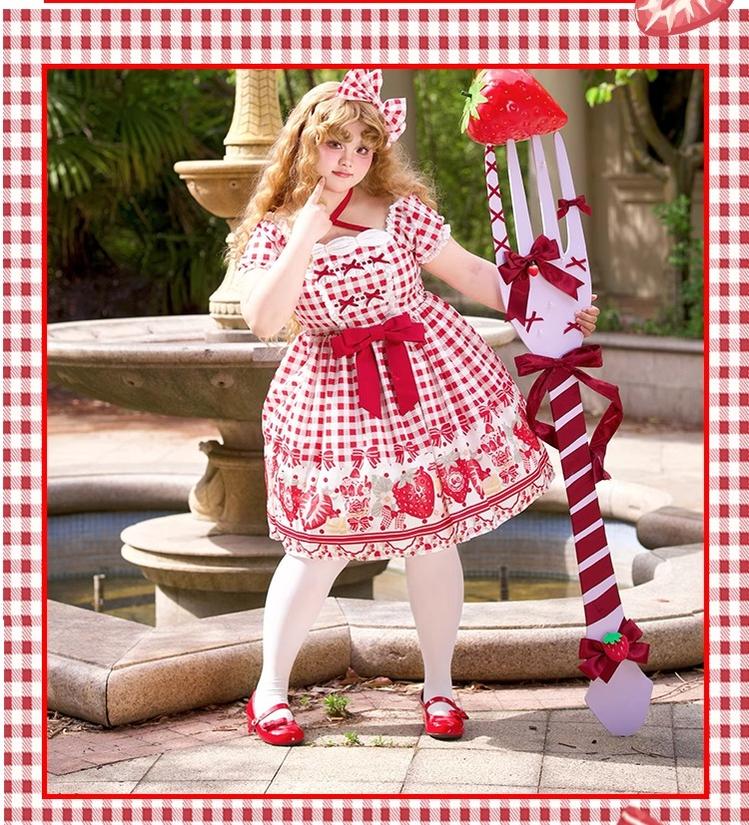 Chubby Cat Diary - Gingham Strawberry - Plus Size Country Lolita OP Dress