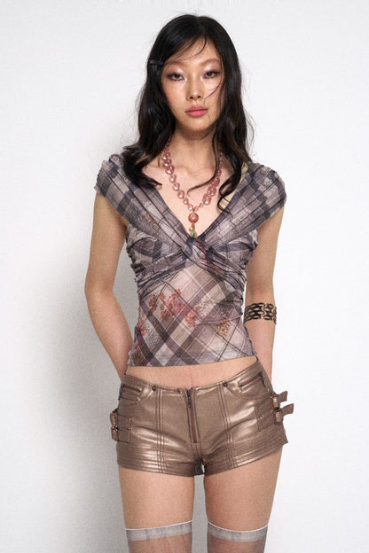 Plaid Ruched Bow Top