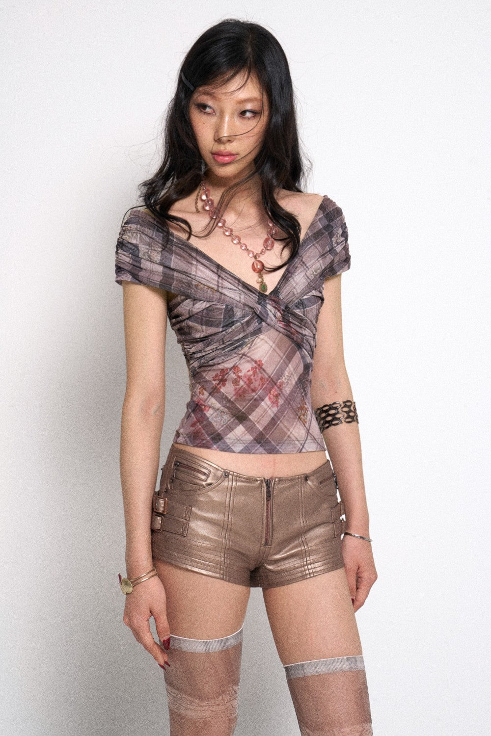 Plaid Ruched Bow Top