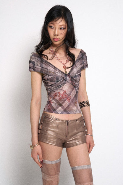 Plaid Ruched Bow Top