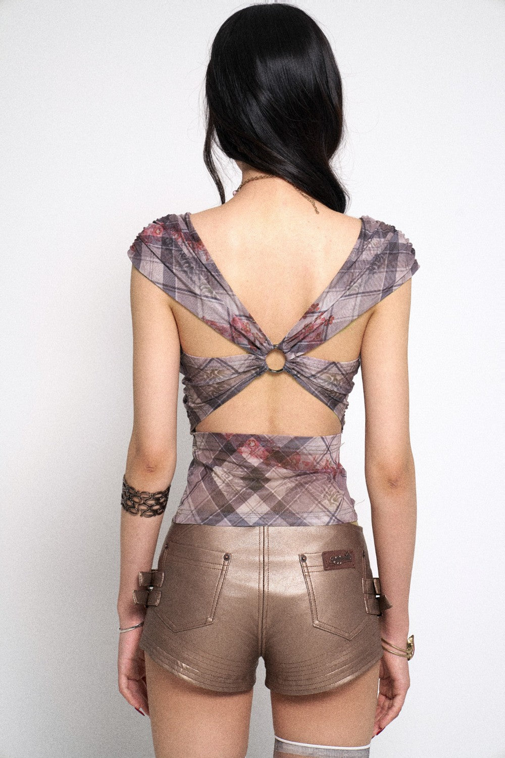 Plaid Ruched Bow Top