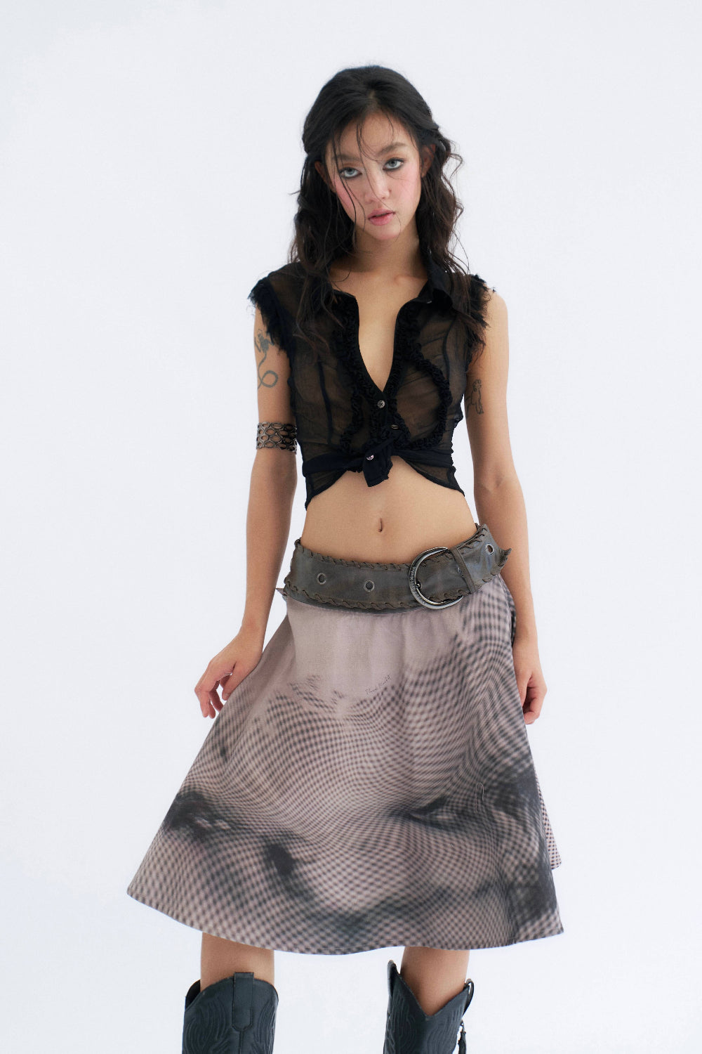 Sheer Ruffle Button-Up Top