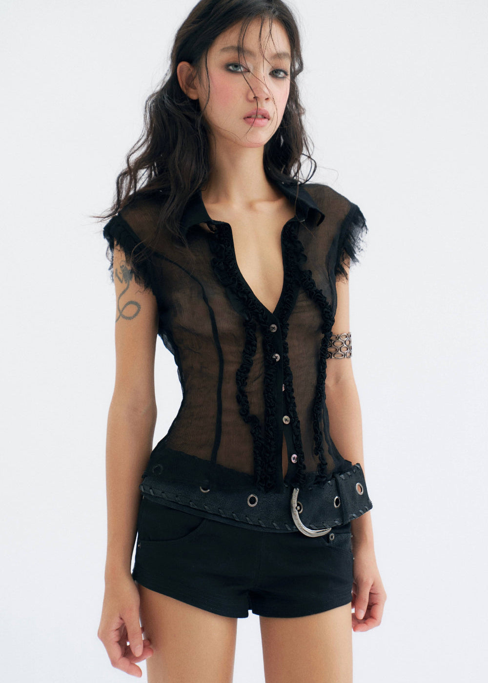 Sheer Ruffle Button-Up Top