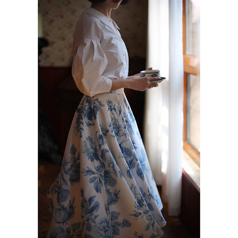 blue floral hepburn skirt