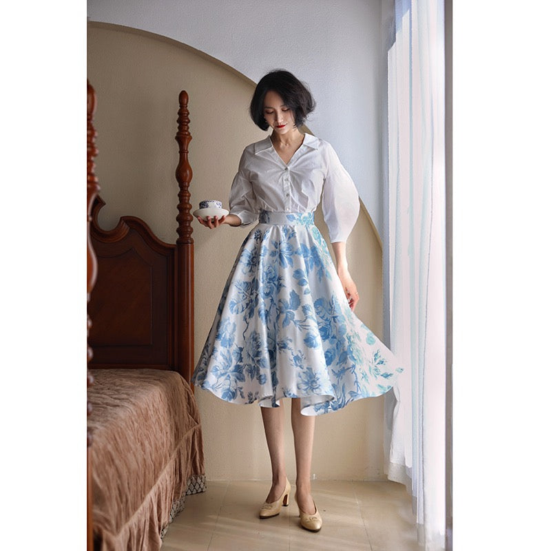 blue floral hepburn skirt