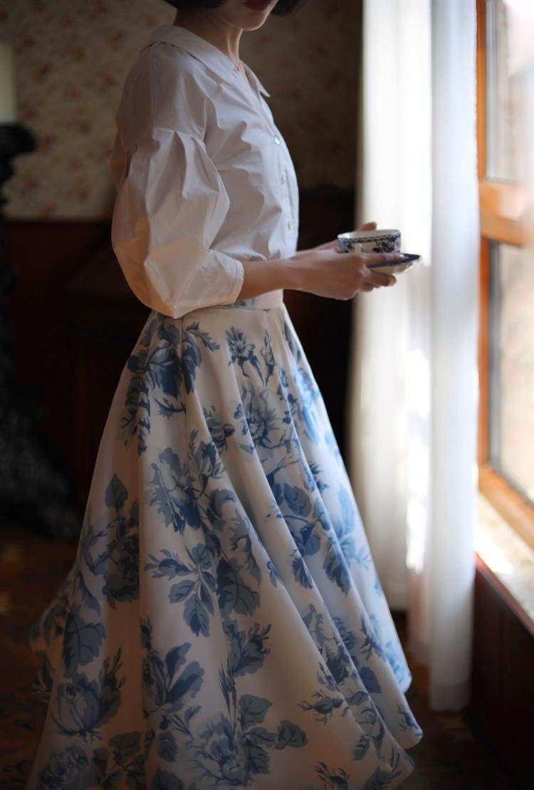 blue floral hepburn skirt