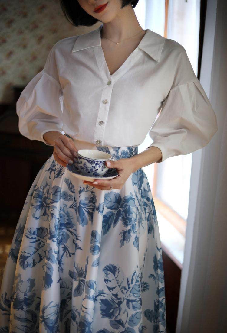 blue floral hepburn skirt