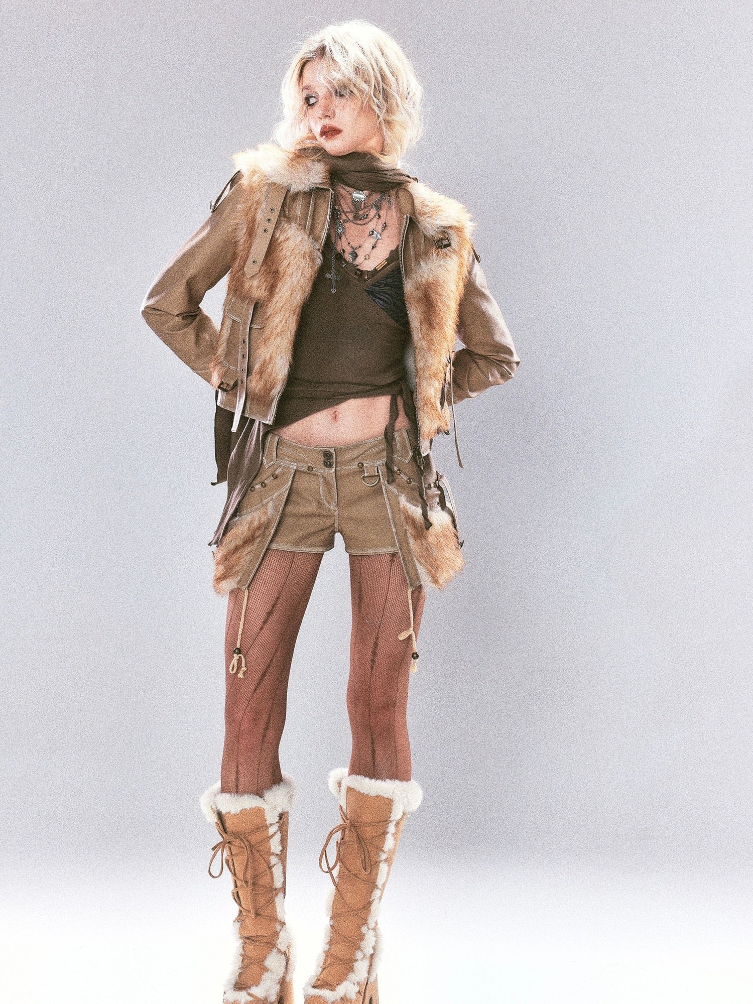 Make old faux leather fur collar patchwork jacket and shorts suit