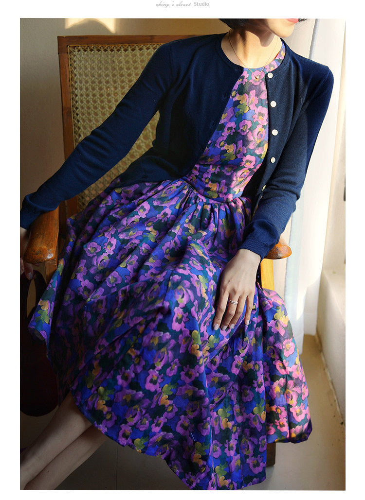 Purple Blue Bouquet Retro Dress