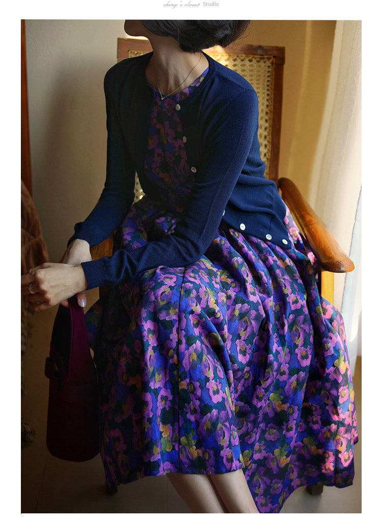 Purple Blue Bouquet Retro Dress