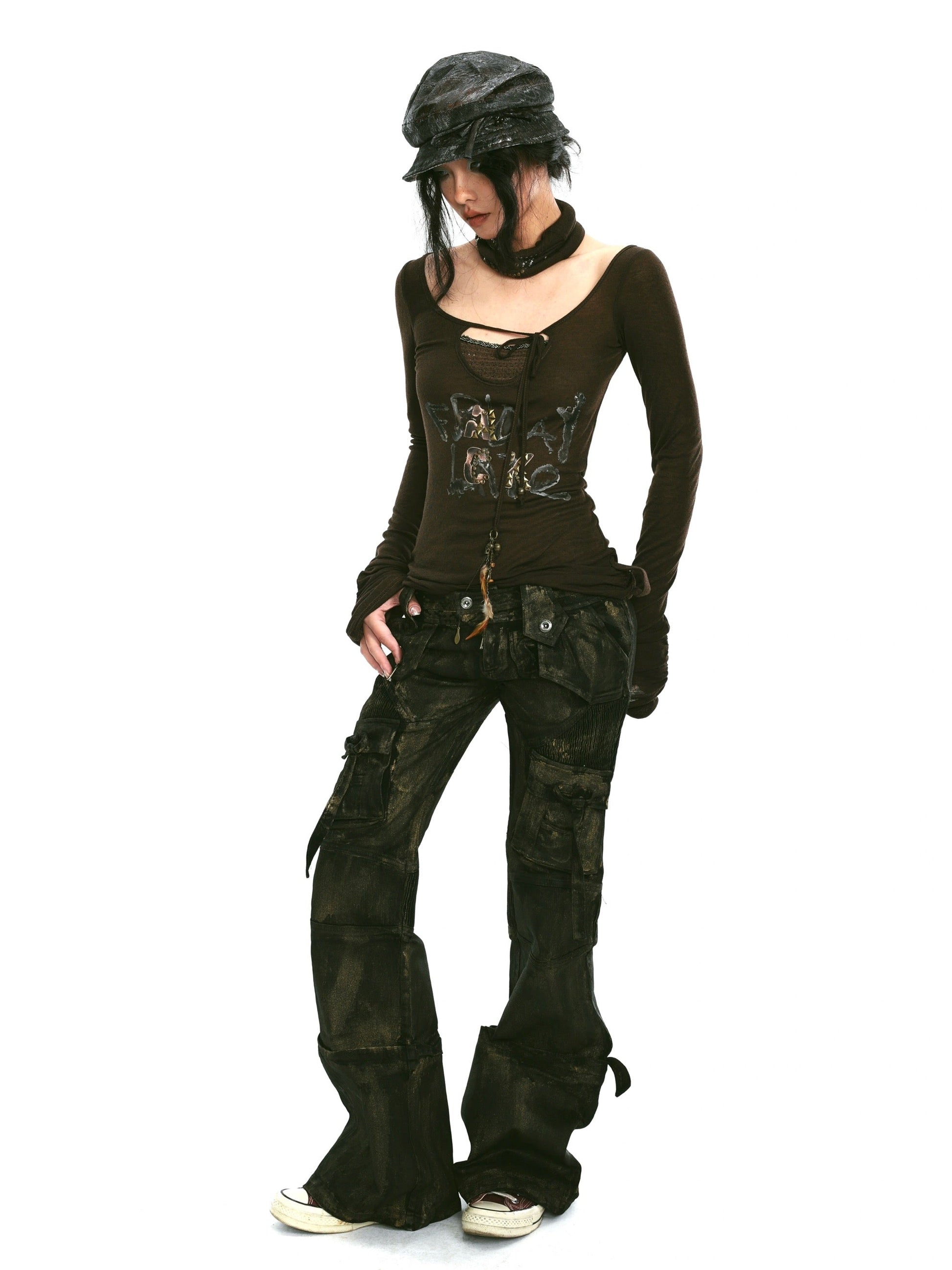 Layered patchwork metal punk brush gold jeans