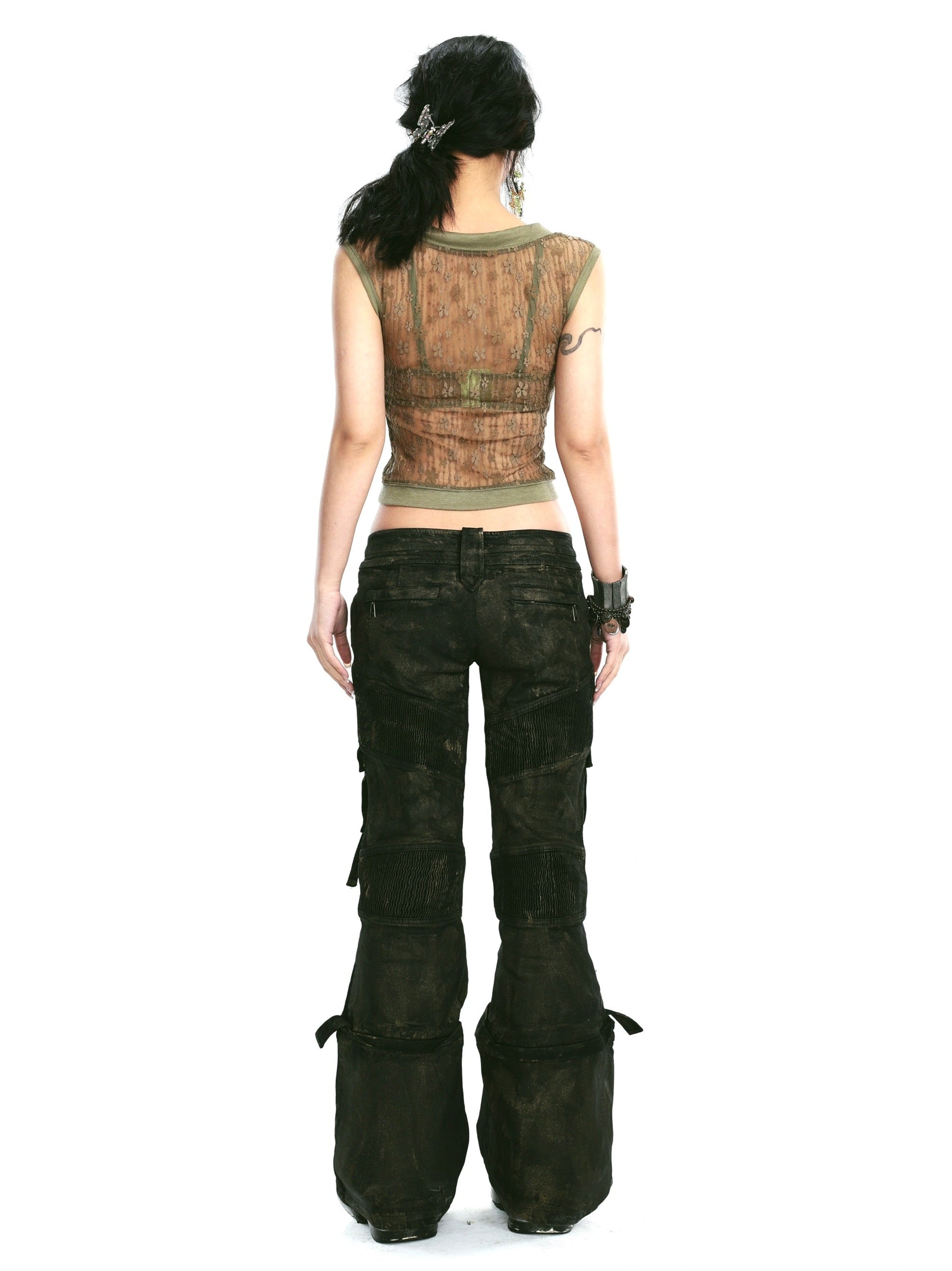 Layered patchwork metal punk brush gold jeans