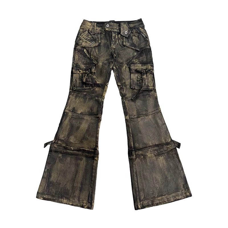 Layered patchwork metal punk brush gold jeans