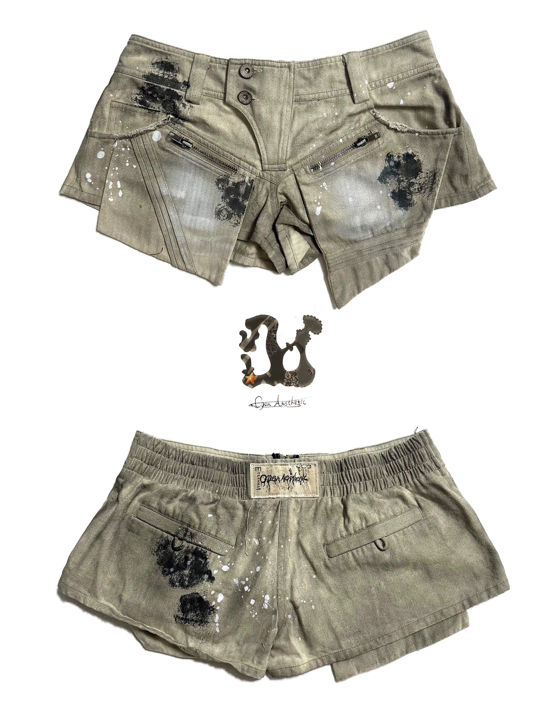 Washing process to make old splash-ink color double-sided large pocket low waist shorts