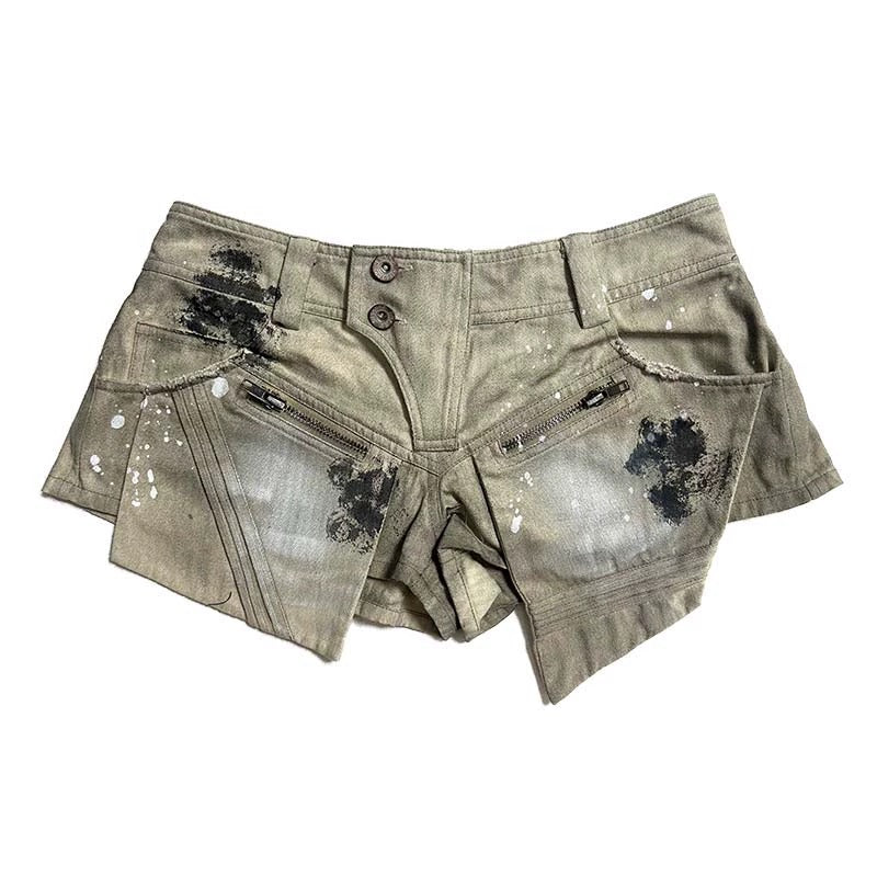 Washing process to make old splash-ink color double-sided large pocket low waist shorts