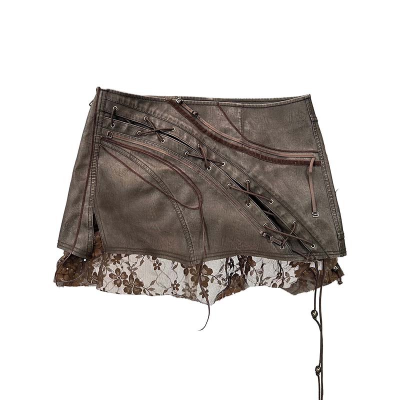 Leather lace patchwork rope design skirt