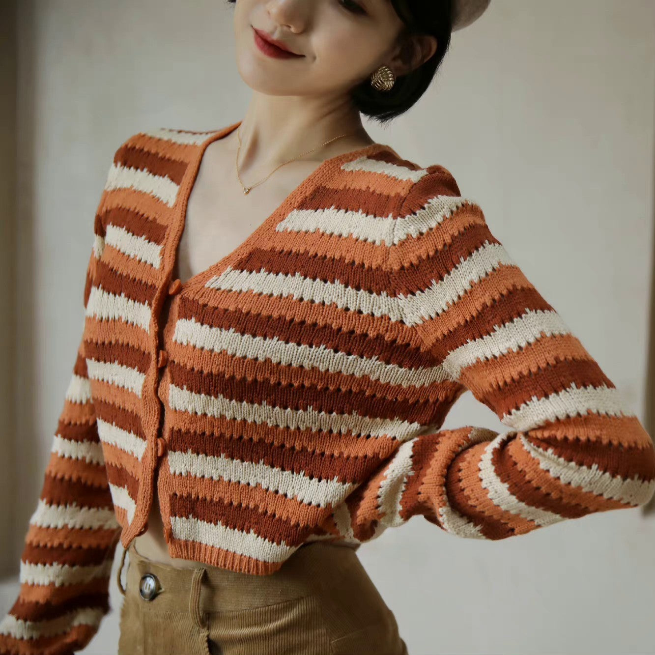 Orange-brown striped cardigan