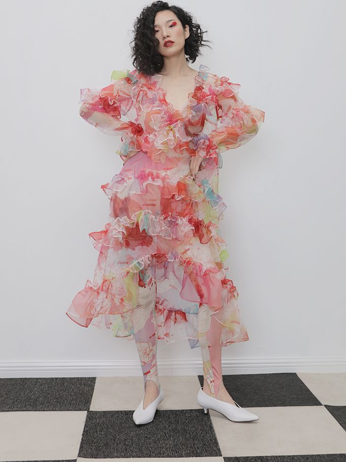 Flower Ruffle See-through One-piece