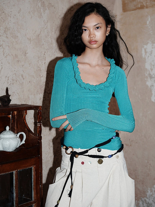 Nichi-Collar Glossy Slim Stretch Unique Knit