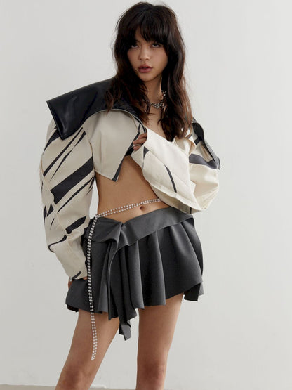 Leatrher Monotone Big-collar Short-Jacket