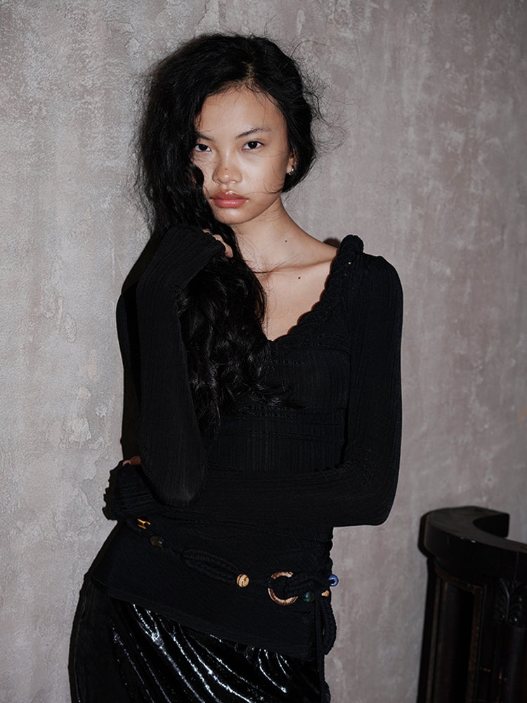 Nichi-Collar Glossy Slim Stretch Unique Knit