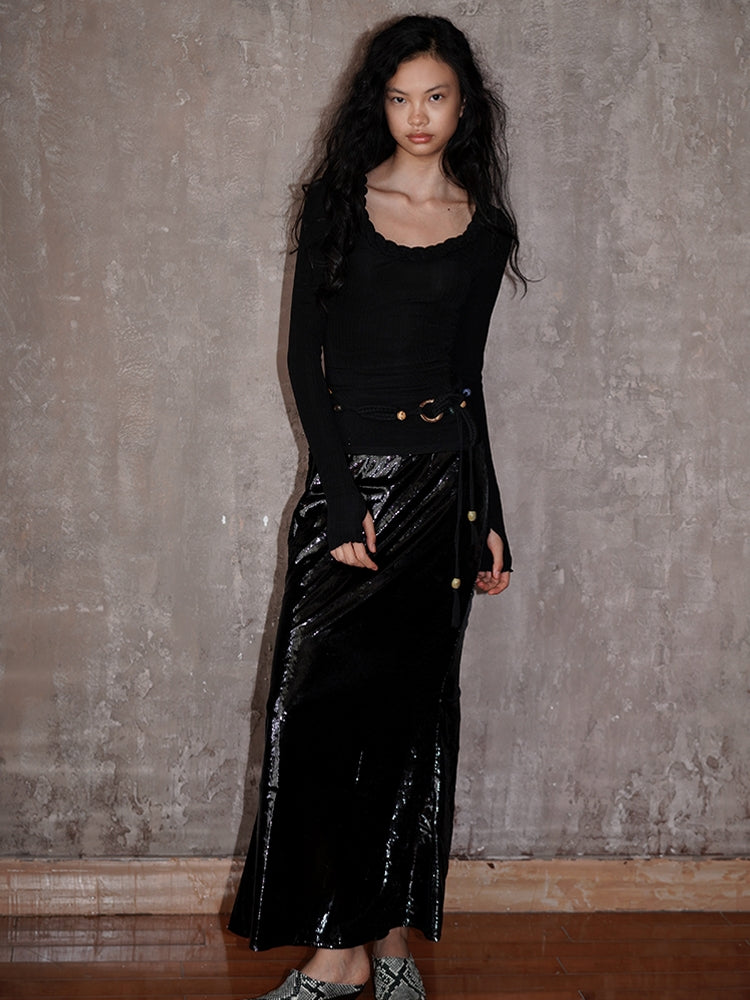 Nichi-Collar Glossy Slim Stretch Unique Knit