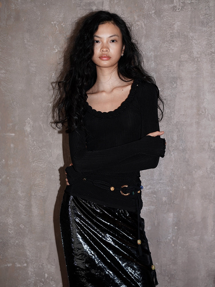 Nichi-Collar Glossy Slim Stretch Unique Knit