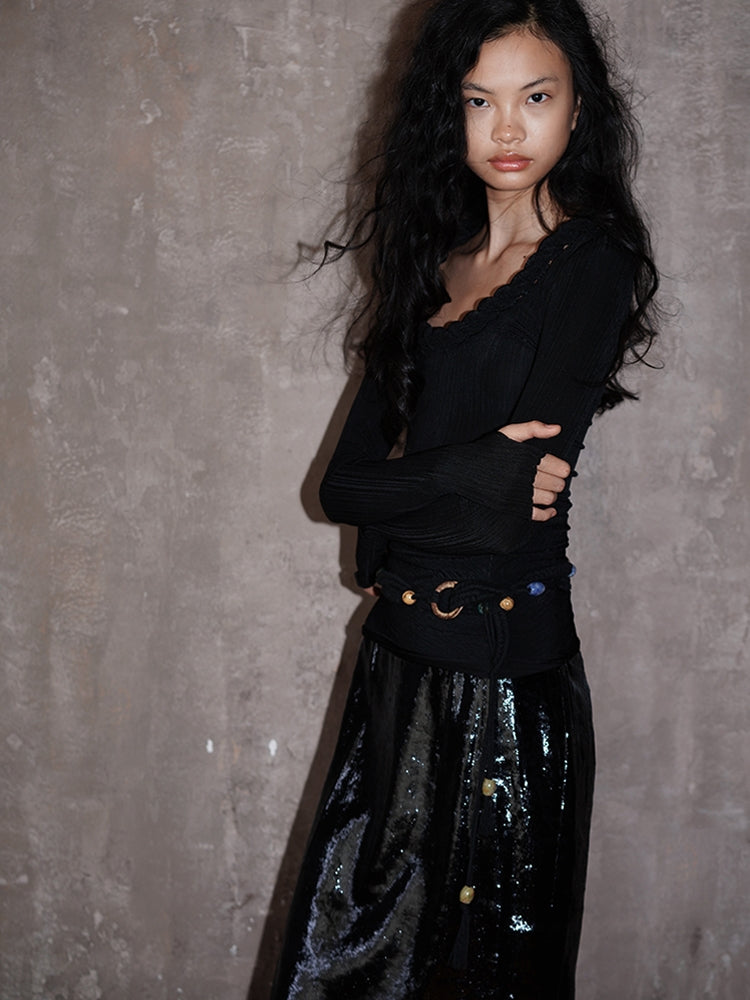 Nichi-Collar Glossy Slim Stretch Unique Knit