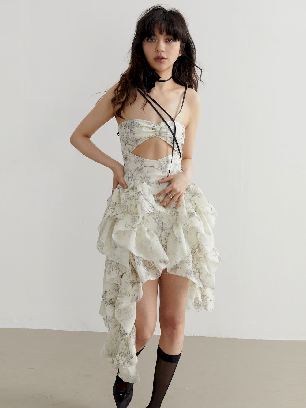 Ruffle Asymmetry Front-cut Bare-top Fluffily One-piece