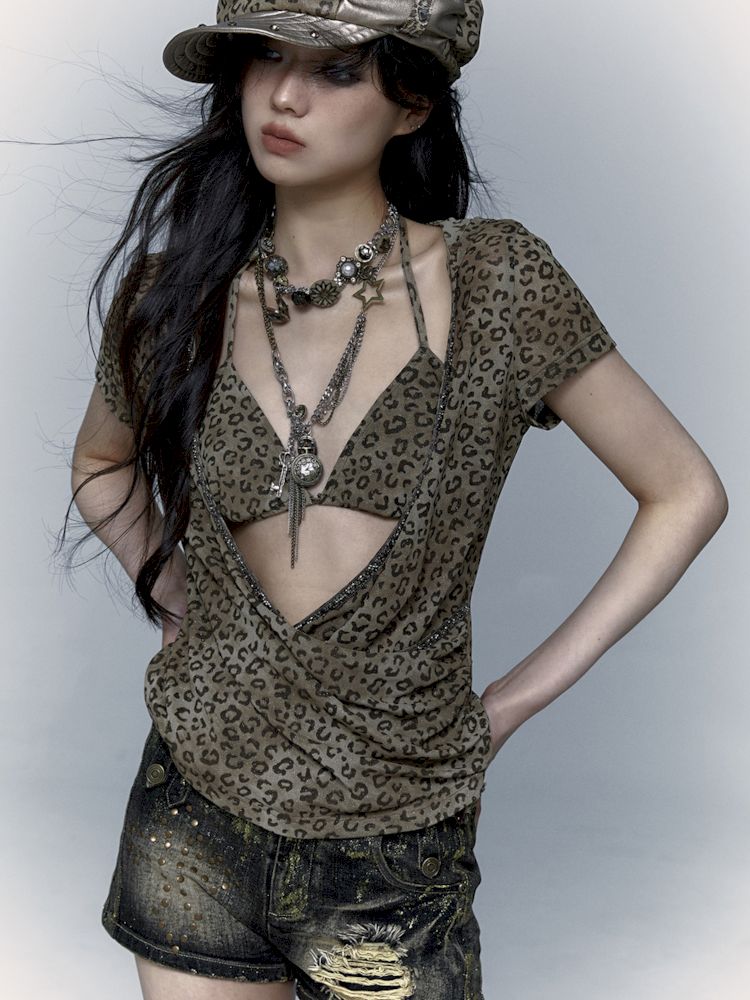 Metallic Leopard Mesh Hooded Hottie Short Sleeve T-Shirt【s0000008998】