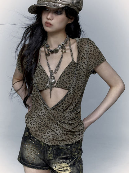 Metallic Leopard Mesh Hooded Hottie Short Sleeve T-Shirt【s0000008998】